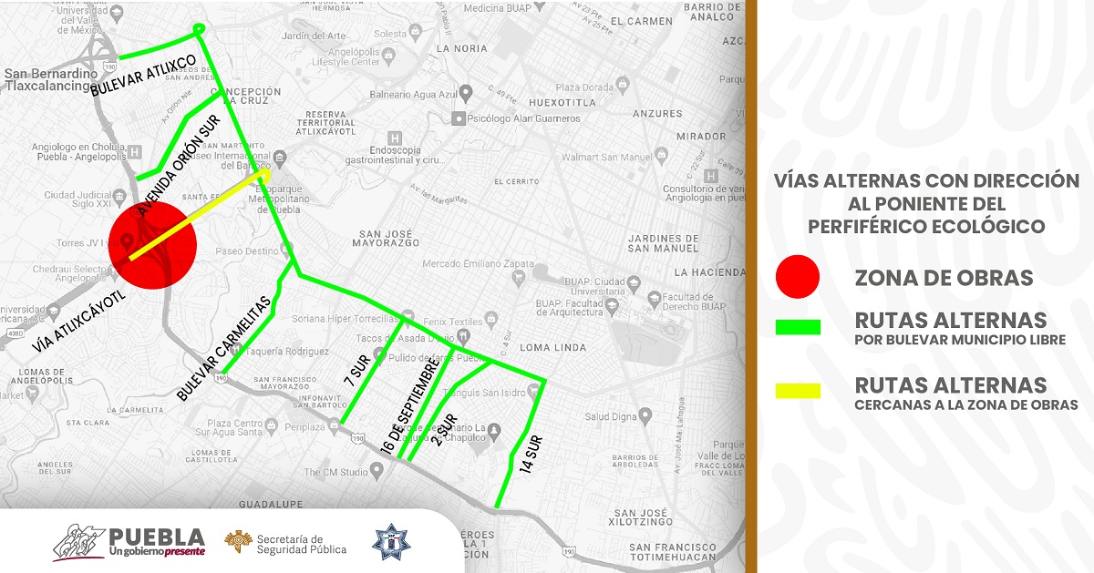 Anuncia SSP vías alternas ante obras en Vía Atlixcáyotl