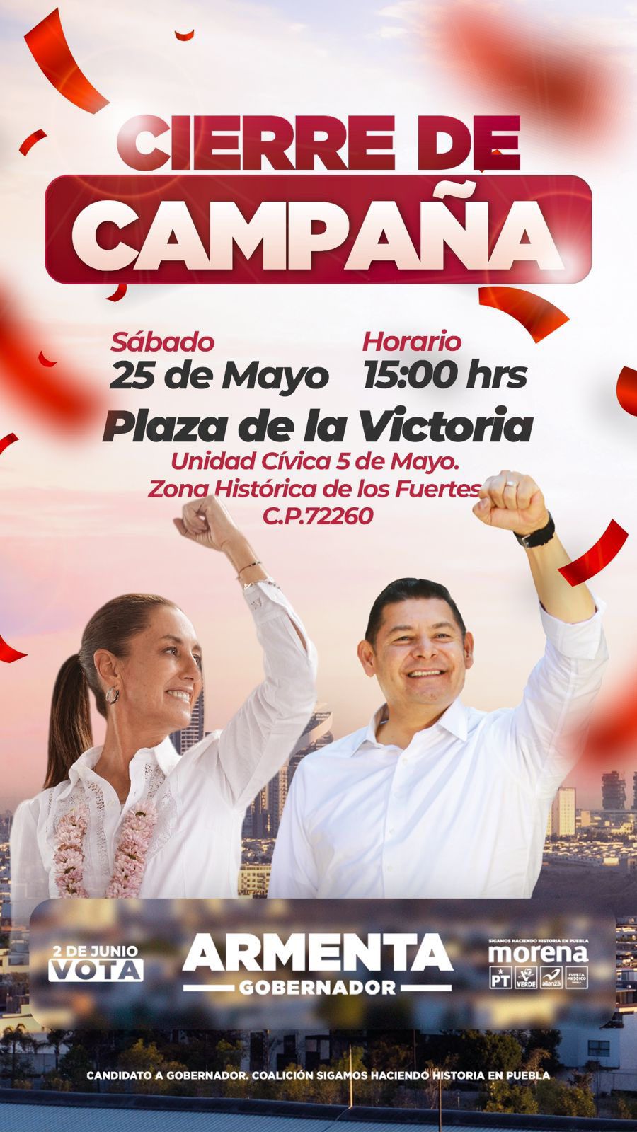 Regresan a Puebla Sheinbaum y Gálvez al cierre de campaña de Armenta y Lalo Rivera 