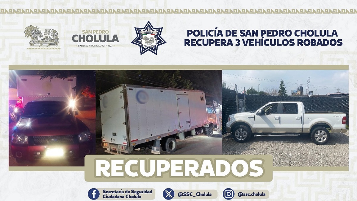 Policía de San Pedro Cholula recupera 3 vehículos robados