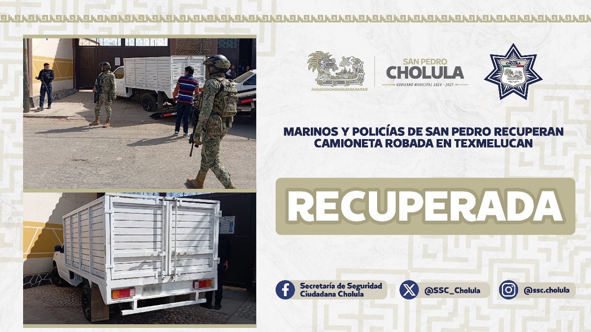Marinos y policías de San Pedro recuperan camioneta robada en Texmelucan