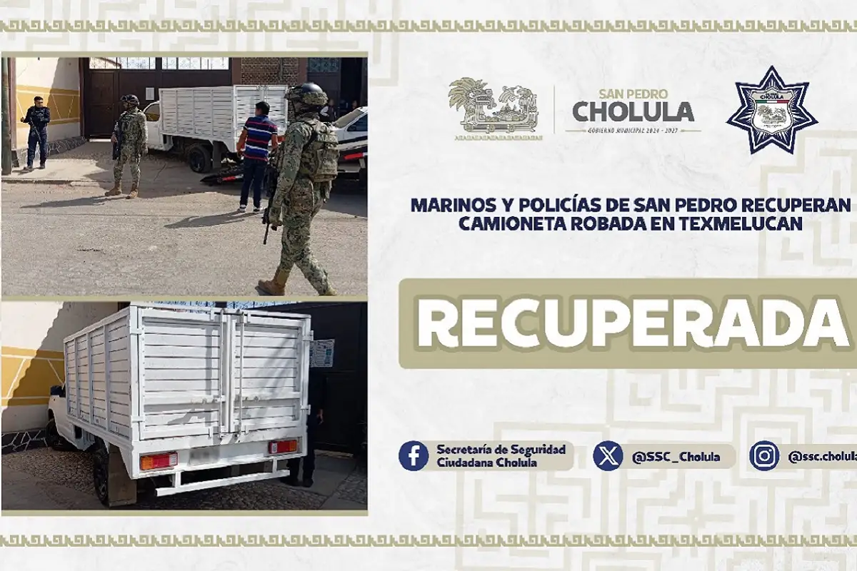 Marinos y policías de San Pedro recuperan camioneta robada en Texmelucan