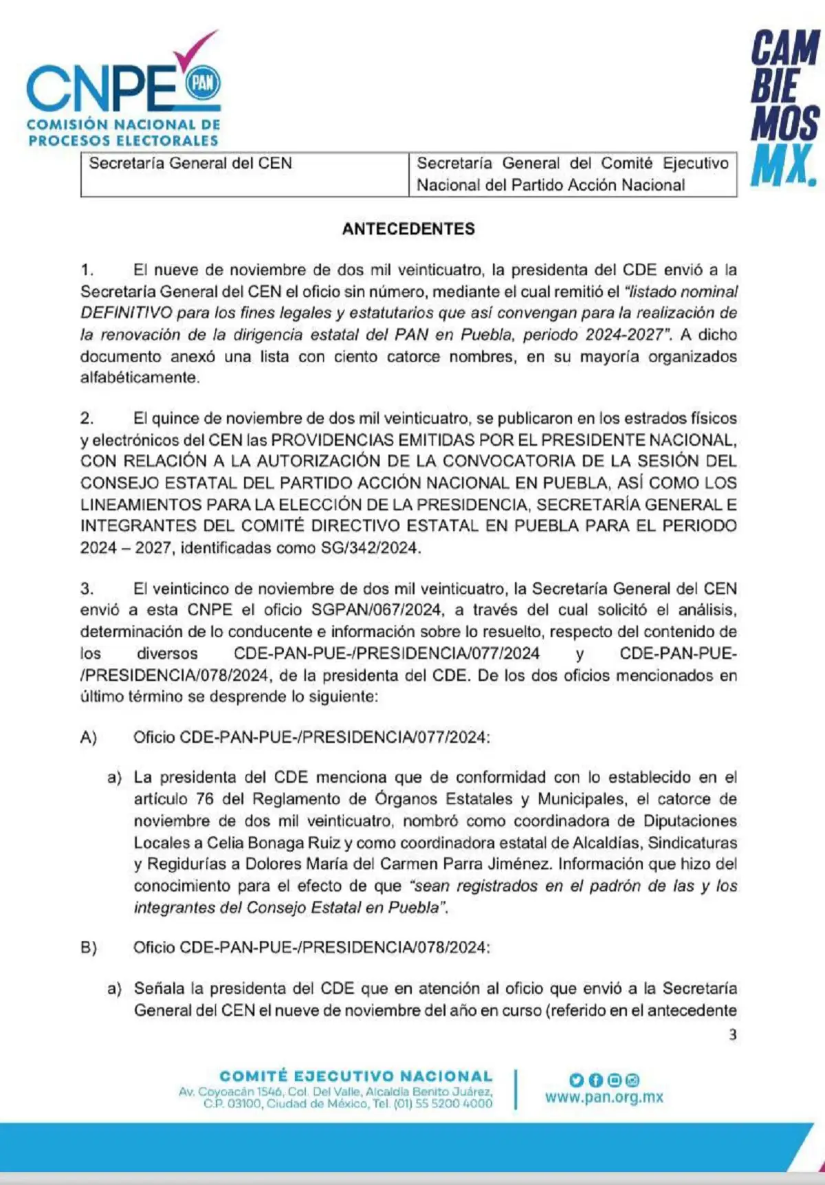 PAN niega depurar lista de Consejeros en Puebla para la renovación de la dirigencia