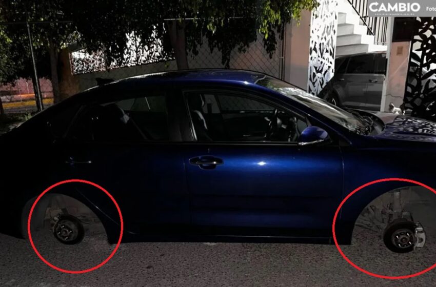  Roban llantas y rines a auto en la Recta a Cholula; lo dejan en el suelo