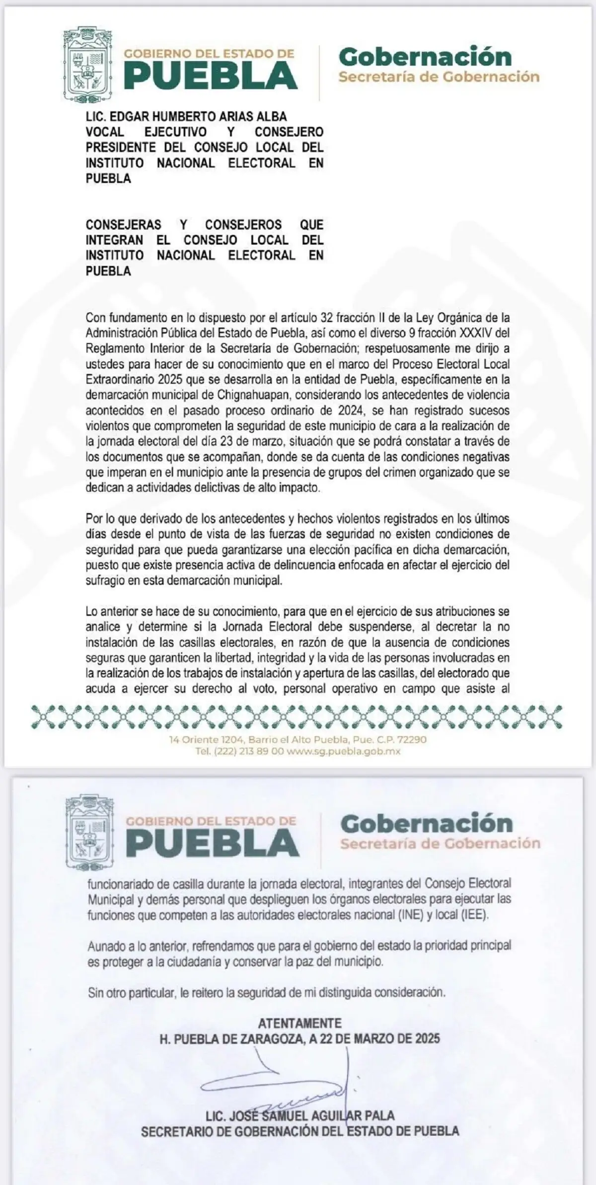 Sugiere SEGOB al INE suspender elecciones extraordinarias en Chignahuapan por presencia del crimen organizado