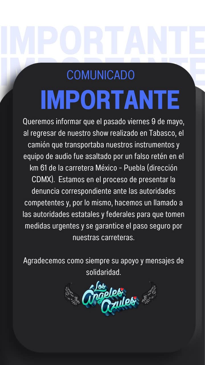 Asaltan camión de la agrupación de Los Ángeles Azules en Texmelucan