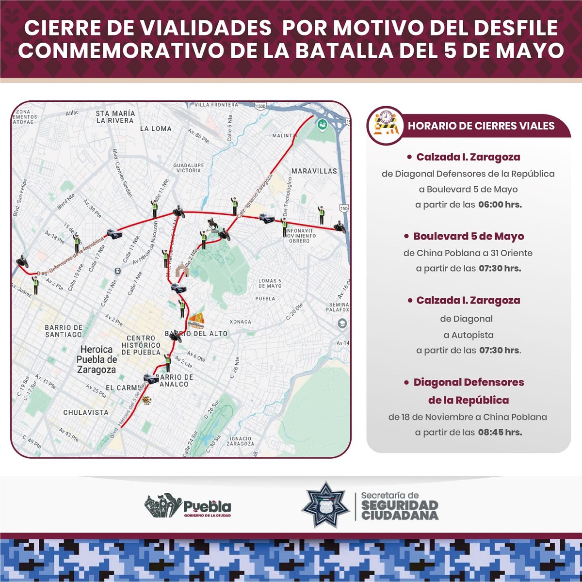 Implementará la SSC cierres viales por la realización del Desfile Conmemorativo de la Batalla del 5 de Mayo