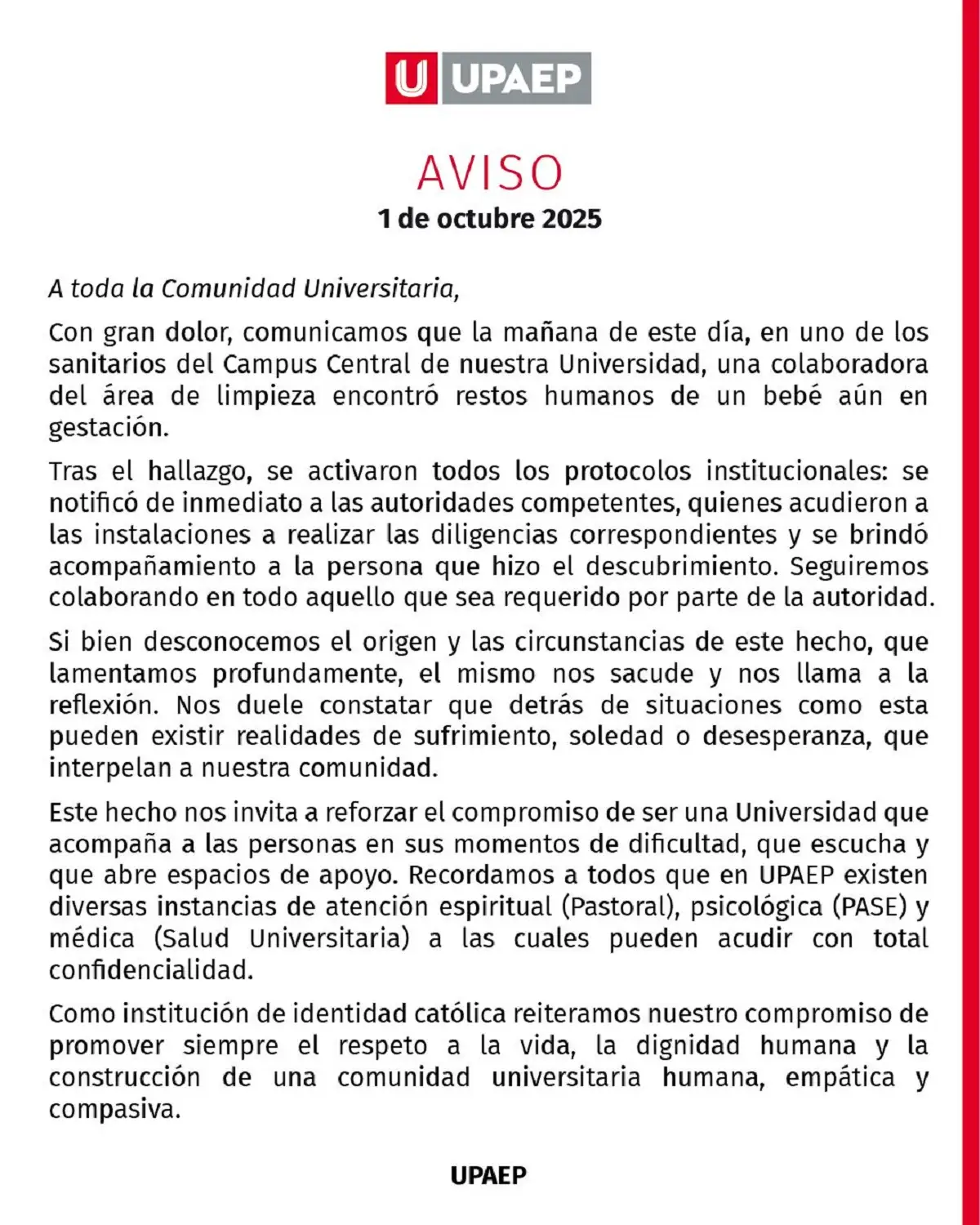Alumna de UPAEP aborta en un baño de la institución y abandona al feto