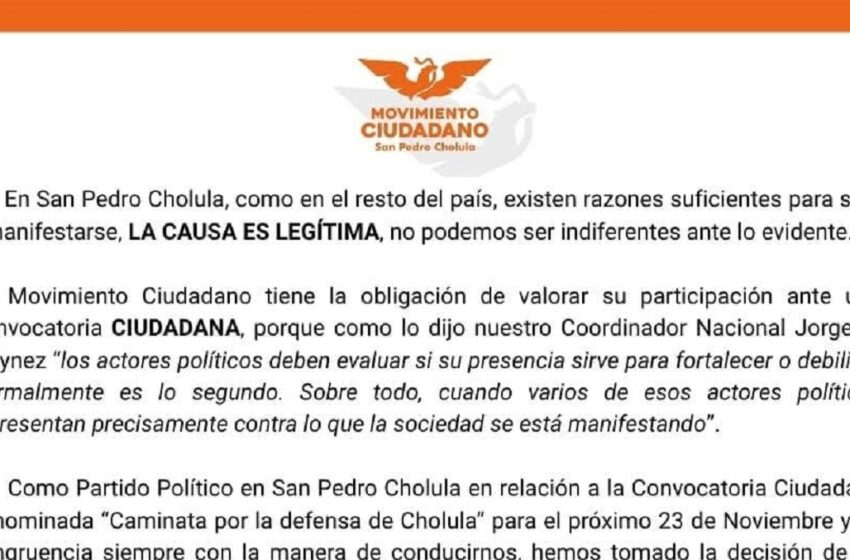  Movimiento Ciudadano de San Pedro Cholula decide no participar en la “Caminata por la Defensa de Cholula”
