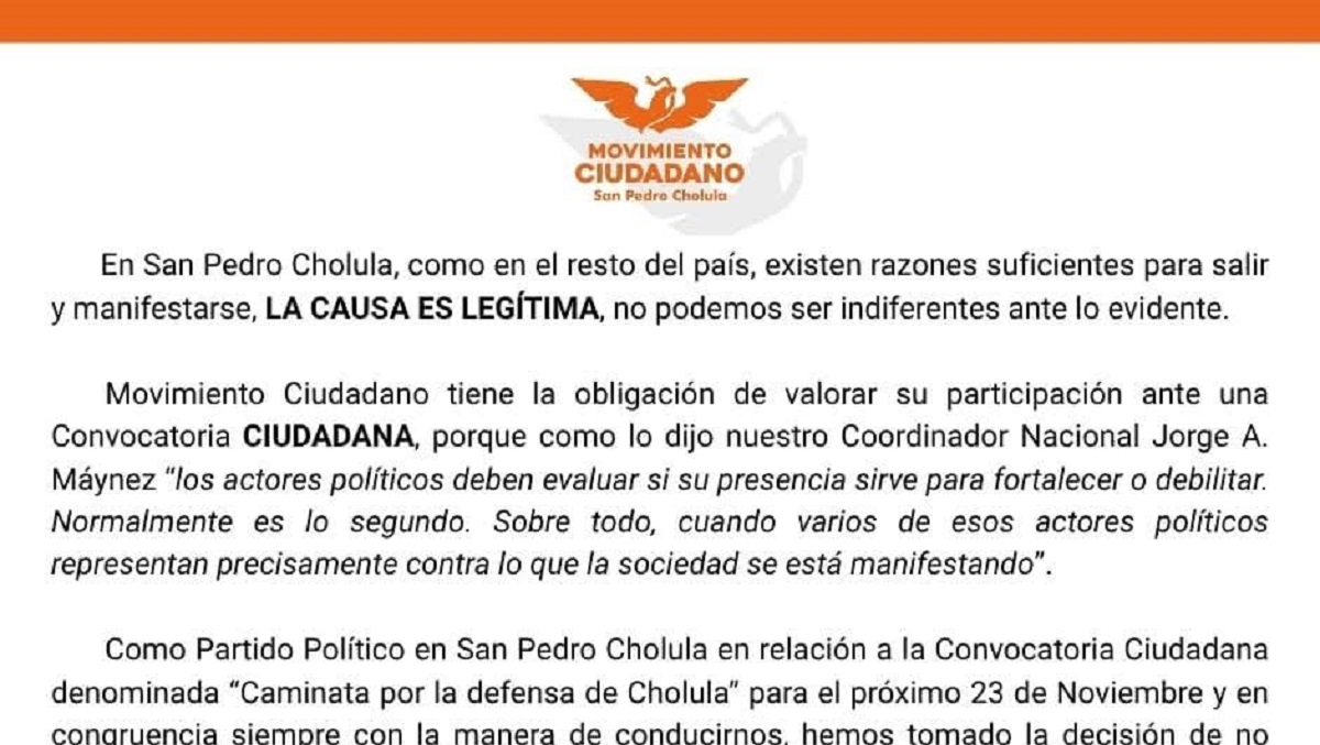 Movimiento Ciudadano de San Pedro Cholula decide no participar en la “Caminata por la Defensa de Cholula”