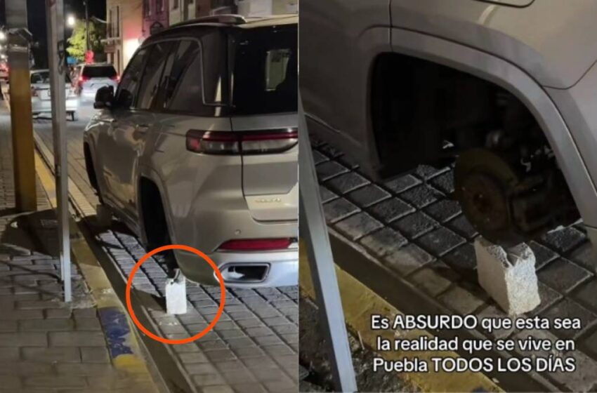  Otra vez sobre blocks: mujer denuncia el robo de llantas por segunda ocasión en menos de un año en San Pedro Cholula