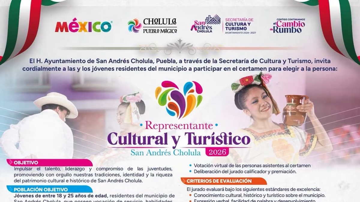 Invita Gobierno de San Andrés Cholula a participar en el certamen Representante Cultural y Turístico 2026
