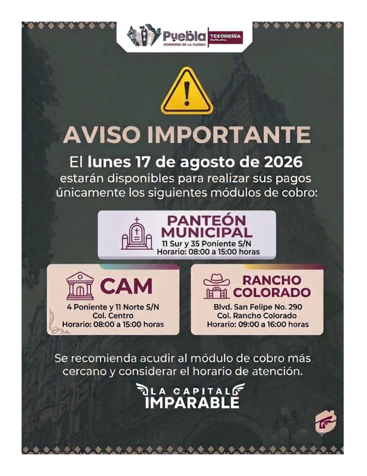 Solo estos módulos de cobro de la Tesorería de Puebla estarán abiertos este 17 de agosto
