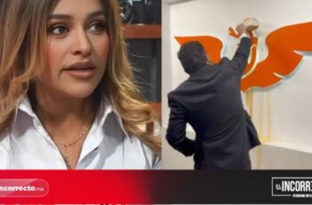 Dirigente del PRI Puebla arroja agua sucia al logo de MC en San Lázaro