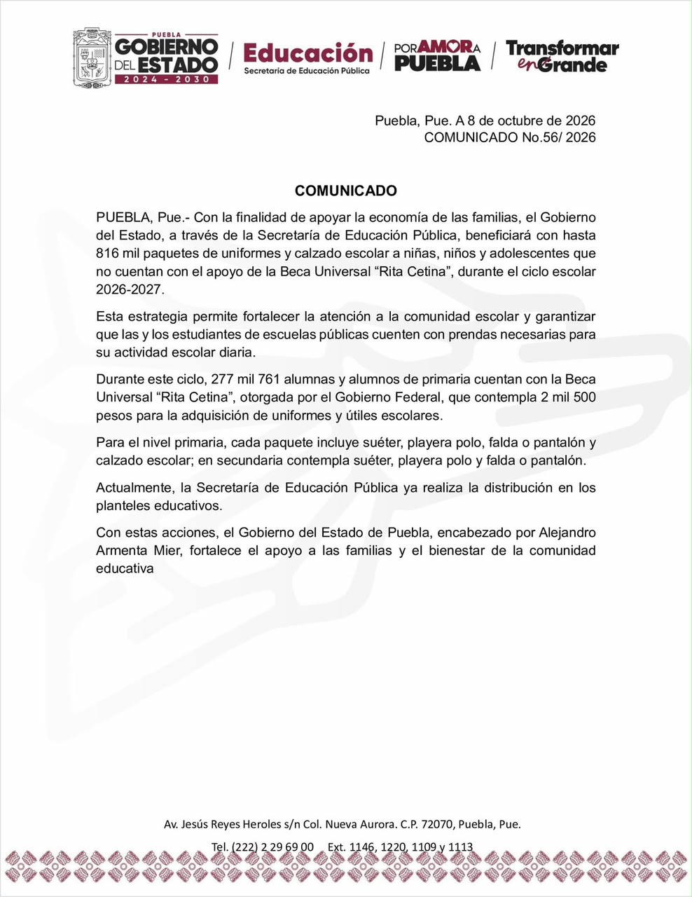 Estudiantes que no reciben Beca Rita Cetina les entregarán uniformes y zapatos escolares en Puebla