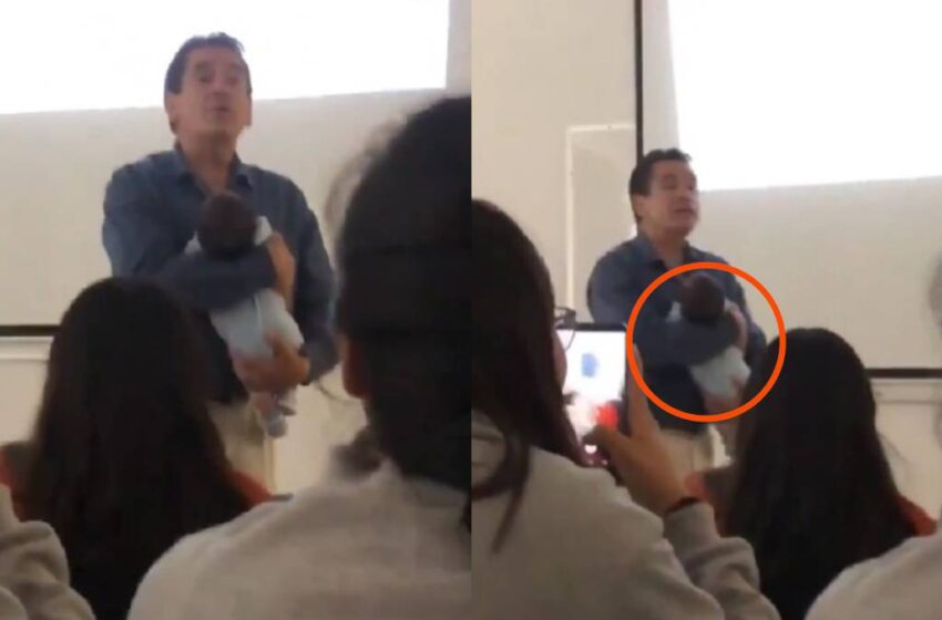  Profesor de la BUAP conmueve al arrullar al bebé de una alumna para que pudiera tomar clases